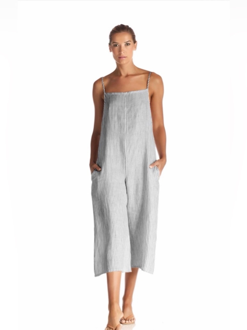 VITAMIN A LINEN Blue STRIPE CAPRI JUMPSUIT Size 4 Spring Summer Beach